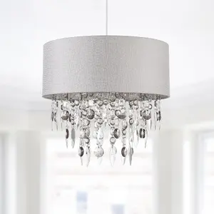 First Choice Lighting Large 40cm Easy Fit Shade in Grey with Acrylic Droplets