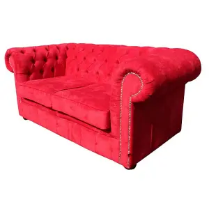 Chesterfield 2 Seater Sofa Settee Azzuro Post Box Red Real Velvet Fabric In Classic Style