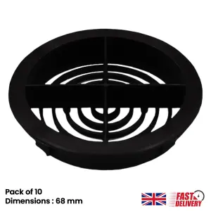 Pack of 10 Black Plastic 68mm Round Soffit Air Vents Push in Roof and Eave Circular Mesh Air Vents