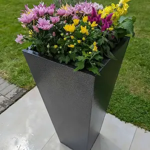 90cm Zinc Silver & Black Textured Tall Tapered Square Planter