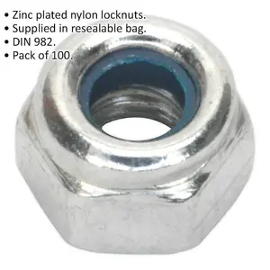 100 Pack of Zinc Plated M4 Nylon Locknut Bolts - DIN 982 with 0.7mm Pitch