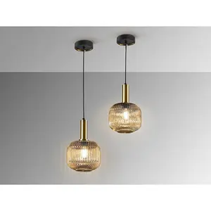 Luminosa Norma Globe Pendant Ceiling Light Black, Brass, Amber Glass, E27