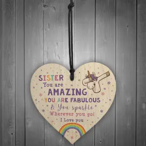 Novelty Sister Gift For Birthday Christmas Unicorn Plaque Wooden Heart From Brother