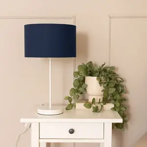 ValueLights Charles White Single Stem Table Lamp with Navy Blue Drum Lamp Shade and LED Bulb