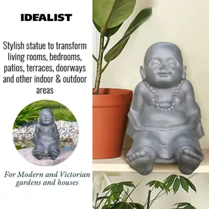 IDEALIST™ Buddha Statue 10.2 Inch Tall, Grey Reinforced Stone Relaxing Baby Monk Figurine for Home and Garden L31 W22.5 H26 cm