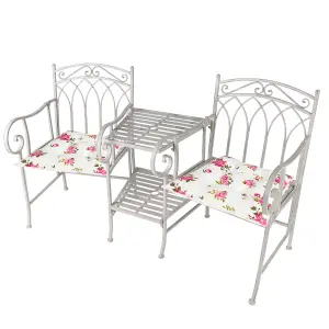 Vintage Grey Arched Outdoor Garden Furniture Companion Seat Bench with Free Set of 2 Pink Seat Pad Cushions