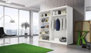 Elegant White Gloss Front & White Matt Wardrobe W203cm H218cm D61cm with Mirrored Sliding Doors