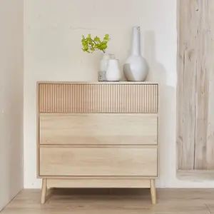 sweeek. 3-drawer chest with grooved wooden detail Linear Light wood colour 80x40x80 cm