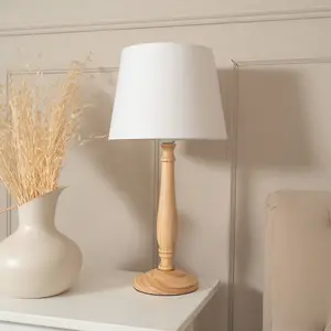 ValueLights Victoria Traditional Light Wood Candlestick Table Lamp with White Tapered Shade