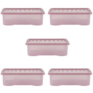 Wham Crystal 5x 32L Plastic Storage Boxes with Lids. Medium Size, Strong. Made in the UK Tint Dusky Orchid