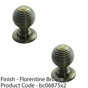 2 PACK - Reeded Ball Door Knob - 28mm Florentine Bronze Lined Cupboard Pull Handle & Rose