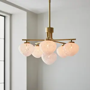 Luminosa Bari Multi Arm Glass Pendant Ceiling Lamp, Satin Brass Plate, White Confetti Glass