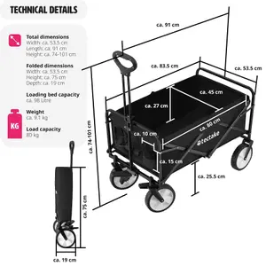 Garden Trolley Leon - foldable, with brakes, fabric insert, 2 pockets, bag - black