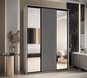 Sapporo II White Matt Mirrored Sliding Door Wardrobe - Crisp Finish, Lamella Effect (H)2050mm (W)1700mm (D)600mm