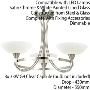 Semi Flush Ceiling Light Satin Chrome & White 3 Bulb Hanging Pendant Lamp Shade