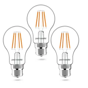 paul russells LED Filament Dimmable GLS Bulb, BC B22, 7W 806 Lumens, 60w Equivalent, 2700K Warm White, Pack of 3