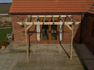 Lean to wooden garden pergola kit - Sculpted design wall mounted gazebo, 3m x 4.2m (Natural finish)