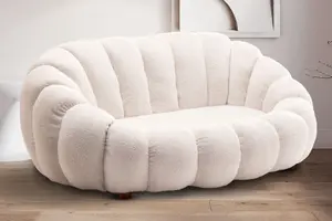 2 Seater Loveseat Small Sofa in White Teddy Boucle Fabric