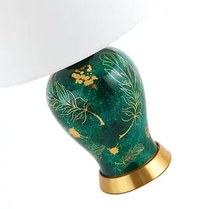 Vivid Emerald Green Ceramic Table Lamp Base with Gold Foil Flowers and Splashes