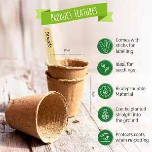 Plant Pots 1,200 Pack 8cm Fibre Seedling Pots with Wooden Labels for Easy Transplanting of Flowers, Herbs & Veggies