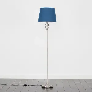 ValueLights Memphis Traditional Silver Satin Barley Twist Floor Lamp with Navy Blue Shade