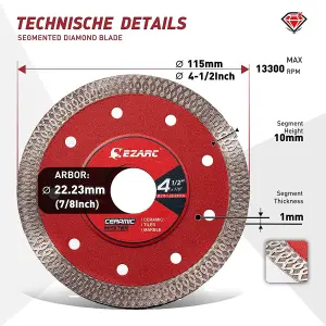 EZARC 115mm 22.2 bore thin tile cutting diamond disc mesh segment fast cut 2 pack