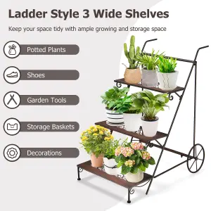 Costway 3-Tier Metal Plant Stand Ladder Shaped Flower Pot Holder w/ Wheels