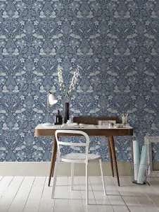 Arthouse Traditional Folk Floral Trail Denim Blue Birds Flowers Leaves Wallpaper