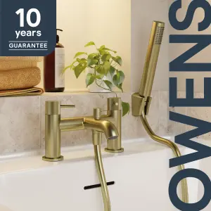 GoodHome Owens Satin Brass effect Deck-mounted Bath mixer tap with shower kit