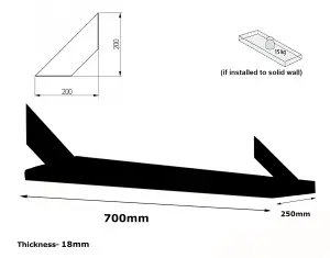 Solid Pine Rustical Shelf Primed with Black FLAT Bracket 25x70cm