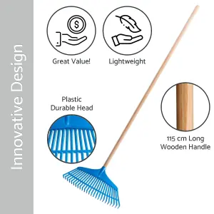 Garden Leaf Rake - 25 Tine Plastic Head & 115 cm Wooden Handle, 39 cm Wide - Lightweight & Durable for Quick Lawn Cleaning