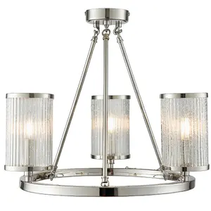 3 Light Chandelier Pendant Nickel Ribbed Glass Shade Hanging Ceiling Lamp Holder