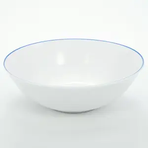 Set of 4 White Ceramic Dinner Bowls with Elegant Blue Rim - Durable & Stylish