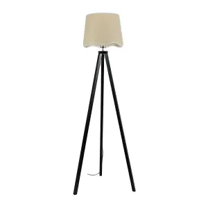 ValueLights Barbro Black Wood Tripod Floor Lamp with Natural Linen Scallop White Edge Shade