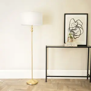 ValueLights Maggie Gold Metal Candlestick Floor Lamp with White Fabric Lamp Shade and LED Bulb