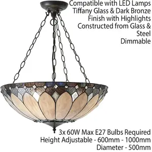 Tiffany Glass Hanging Ceiling Pendant Light Dark Bronze 3 Lamp Shade i00084