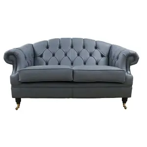 Chesterfield Handmade 2 Seater Sofa Settee Piping Grey Leather In Victoria Style