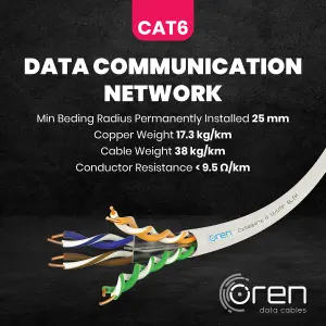 Oren CAT6 100m Ethernet Cable White - Slim - 23 AWG Pure Copper Wire - 250 MHz Bandwidth UTP Internet LAN Network Cable