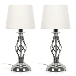 ValueLights Memphis Pair of Silver Chrome Twist Table Lamps with a Fabric Lampshade Bedroom Bedside Light - Bulbs Included