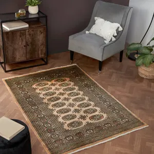 Beige Luxurious Traditional Bordered Floral Geometric Wool Handmade Rug For Living Room Bedroom & Dining Room-90cm X 150cm