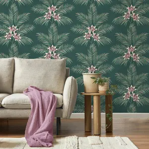 Fine Decor Bali Floral Leaves Dark Green Wallpaper Botanical Flowers Modern