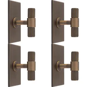 4 PACK - Reeded T Bar Cabinet Door Knob & Matching Backplate - Antique Brass 76 x 40mm