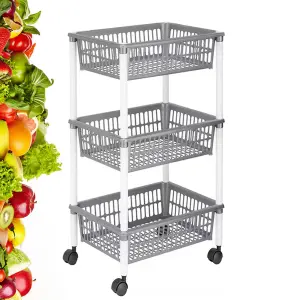 3 Sets Fruit, Veg, Onion & Potatoes Grey Plastic Trolley Basket On Wheels For Kitchens