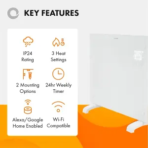 Devola Designer 1.5kW Smart Glass Panel Heater with Timer White - DVPW1500WH