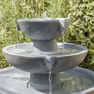 Primrose Hatfield Solar Powered 3 Tier Cascading Grey Outdoor Stone Effect Water Feature 42cm