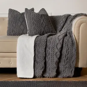 Cable Knit Cushion Covers Sherpa Pillow Cases 4 Pack, 45 x 45cm - Grey