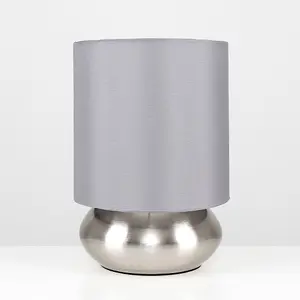 ValueLights Pair Of Modern Brushed Chrome Bedside Touch Table Lamps With Grey Shades