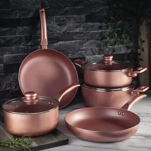 8 Piece Rose Gold Kitchen Cookware Set - Dishwasher Safe Aluminium Pots & Pans Set with Non-Stick Coating - Suitable for All Hobs