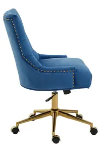 Interiors by Premier Luxury Blue Velvet Home Office Chair, Comfortable Blue Office Desk Chair with Gold Base, Modern Chair