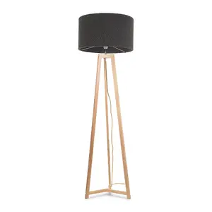 ValueLights Lottie Natural Wood Tripod Floor Lamp with Charcoal Grey Boucle Drum Shade